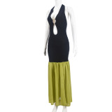 Halter Plunging Neck Hollow-Out Patchwork Slit Sexy Maxi Dress