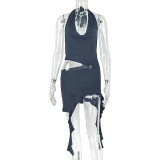 Womens Metal Ring Halter V-Neck Ruffle Solid Bodycon Dress
