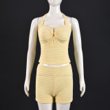 Women Striped Low Back Halter Neck Two Piece Shorts Set