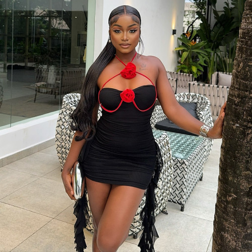 Sexy Halter Neck Contrast Red Flower Ruched Dress with Ruffles