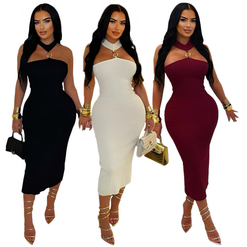 Solid Halter Neck Bodycon Midi Dress
