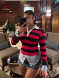 Women Stripes Turn Down Collar Polo Shirt