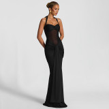 Halter Twist Mesh Patchwork Ruched Ribbon Sexy Maxi Dress