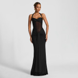 Halter Twist Mesh Patchwork Ruched Ribbon Sexy Maxi Dress