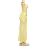 Halter Twist Mesh Patchwork Ruched Ribbon Sexy Maxi Dress