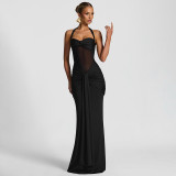 Halter Twist Mesh Patchwork Ruched Ribbon Sexy Maxi Dress