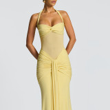 Halter Twist Mesh Patchwork Ruched Ribbon Sexy Maxi Dress