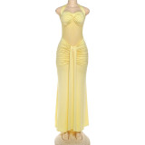 Halter Twist Mesh Patchwork Ruched Ribbon Sexy Maxi Dress
