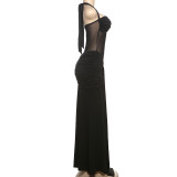 Halter Twist Mesh Patchwork Ruched Ribbon Sexy Maxi Dress