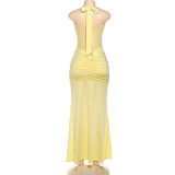 Halter Twist Mesh Patchwork Ruched Ribbon Sexy Maxi Dress