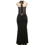 Halter Twist Mesh Patchwork Ruched Ribbon Sexy Maxi Dress