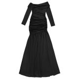 Solid Off Shoulder Mesh Patchwork Sexy Slit Maxi Dress