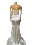 Lace-up Back Strap Rhinestone Sexy Slit Maxi Evening Dress with Gloves