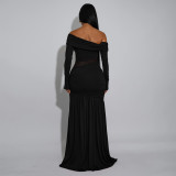Solid Off Shoulder Mesh Patchwork Sexy Slit Maxi Dress
