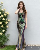 Women Contrast Sequin Backless V-neck Sexy Evening Dress