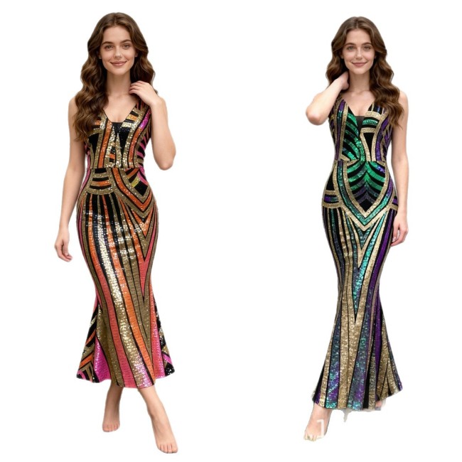 Women Contrast Sequin Backless V-neck Sexy Evening Dress