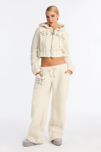 Winter Fleece Embroidered Short Hoodie and Pants Two Piece Set