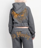 Winter Fleece Embroidered Short Hoodie and Pants Two Piece Set