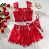Women Lace-Up Cross Pu Leather Lace Patchwork Sexy Lingerie Set