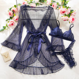 Sexy Polka Dot See-Through Lace Ruffle Robe Three-Piece Lingerie Set