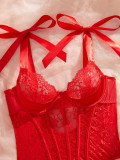 Women's Red Lace Mesh Tie Straps Push-Up Slim Bodysuit