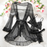 Sexy Polka Dot See-Through Lace Ruffle Robe Three-Piece Lingerie Set