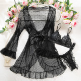 Sexy Polka Dot See-Through Lace Ruffle Robe Three-Piece Lingerie Set