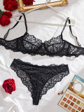 Women's See-Through Lace Underwired Push-up Bra Triangle Pantie Lingerie Set