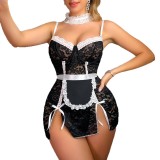 Women Cosplay Lingerie Sexy Lace Lace-Up Slit with Neck Ring Low Back Camisole Maid Dress