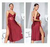 Women Sexy Lace Patchwork Removable Padded Camisole Slit Nightgown