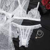 Sexy Polka Dot See-Through Lace Ruffle Robe Three-Piece Lingerie Set