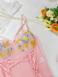 Sexy Pink Lace Embroidered See-Through Lace-up Bodysuit Teddy Lingerie