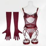 Women Sexy Transparent Bodysuit Mesh Underwire Lingerie with Gloves