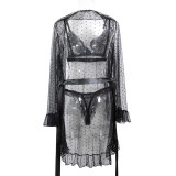 Sexy Polka Dot See-Through Lace Ruffle Robe Three-Piece Lingerie Set
