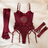 Women Sexy Transparent Bodysuit Mesh Underwire Lingerie with Gloves