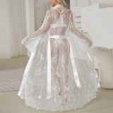 Sexy Lace See-Through Long Bell Sleeve Tie Waist Nightgown