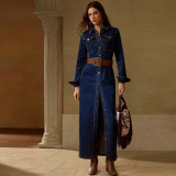 Women Denim Long Sleeve Button Fashion Maxi Dress