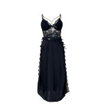 Women Sexy Lace Patchwork Removable Padded Camisole Slit Nightgown
