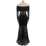 Women Off Shoulder See Through Lace Solid Maxi Dress
