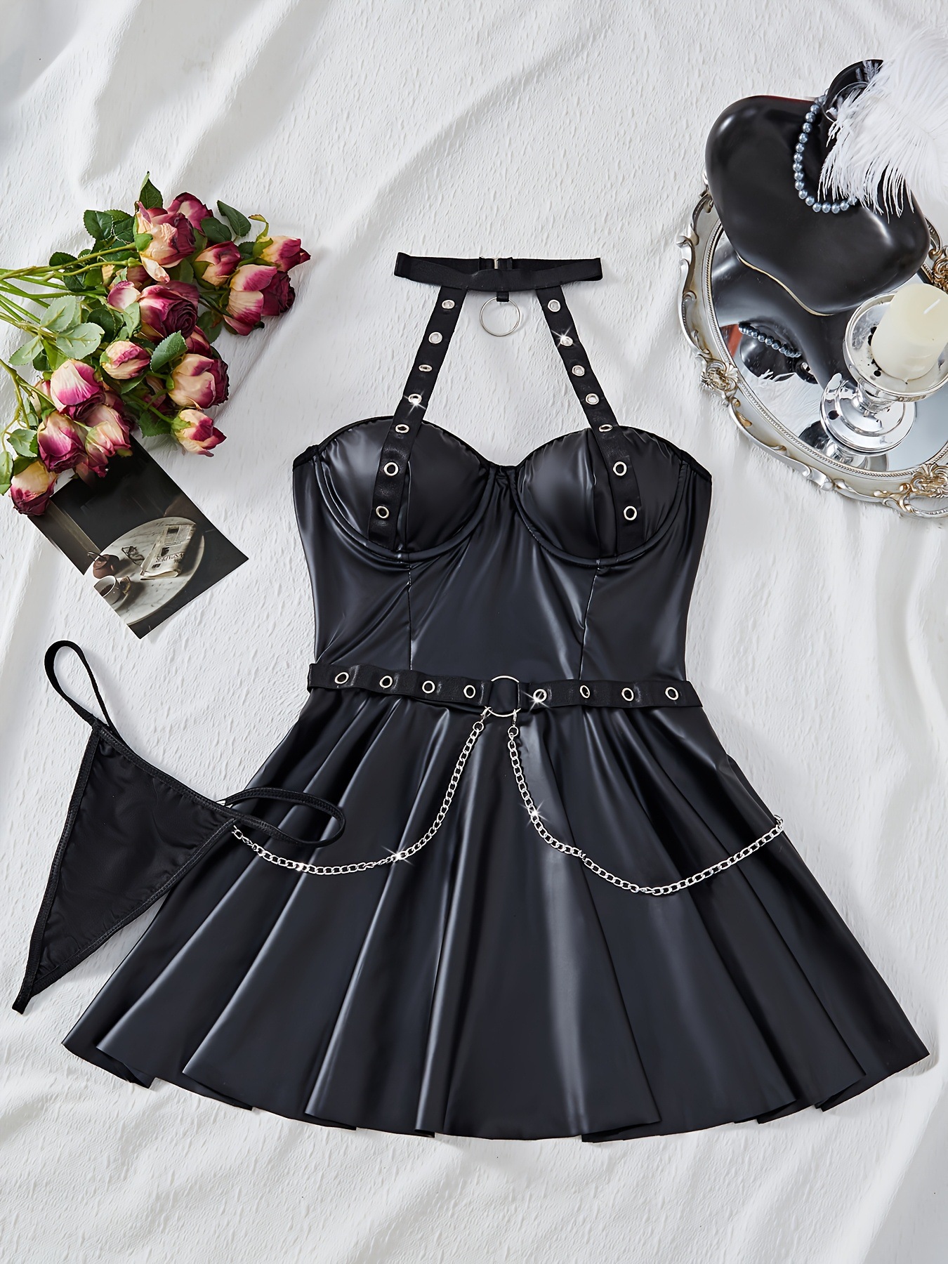 Pu Leather Nightclub Halter Low Back Chain Dress Sexy Lingerie