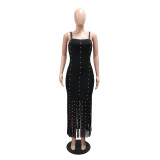 Rhinestone Sleeveless Straps Tassel Party Dress