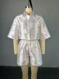 Fashion Beaded Satin Short Blouse and Shorts Two Piece Set