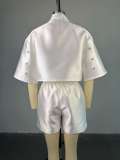 Fashion Beaded Satin Short Blouse and Shorts Two Piece Set