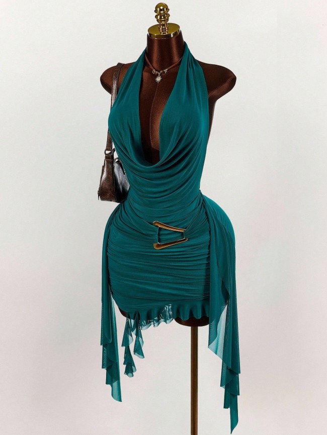 Sexy Halter Cowl Neck Mesh Ruffle Backless Party Dress (NOT including glasses,bag or necklace)