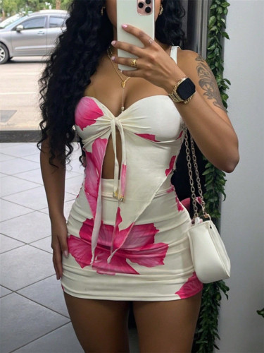 Fashion Print Strapless Slit Top and Mini Skirt Two Piece Set