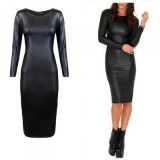 PU Leather  Long Sleeve Round Neck  Bodycon Midi Dress