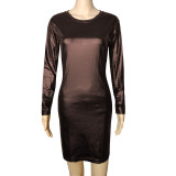 PU Leather  Long Sleeve Round Neck  Bodycon Midi Dress