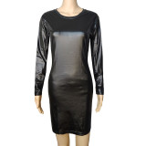 PU Leather  Long Sleeve Round Neck  Bodycon Midi Dress