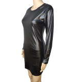 PU Leather  Long Sleeve Round Neck  Bodycon Midi Dress