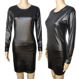 PU Leather  Long Sleeve Round Neck  Bodycon Midi Dress